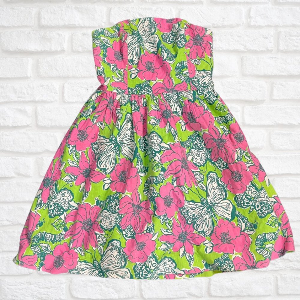 Lilly Pulitzer Pink Green Strapless Butterfly Dress Fit and Flare A-Line Sz 0